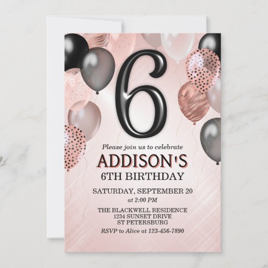 6e verjaardag Roos gouden ballonnen uitnodiging (Voorkant)
