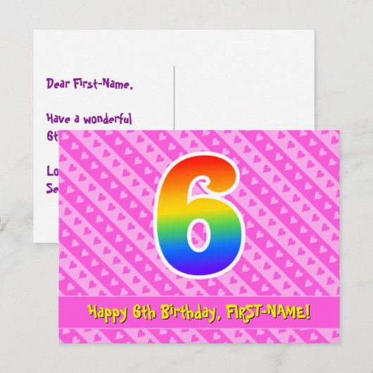 6e verjaardag: Roze strepen & harten, Regenboog 6 Briefkaart (Voorkant / Achterkant)