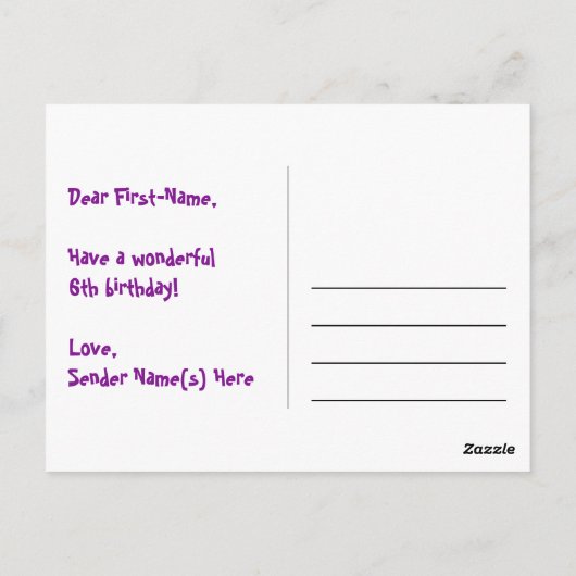 6e verjaardag: Roze strepen & harten, Regenboog 6 Briefkaart (Achterkant)