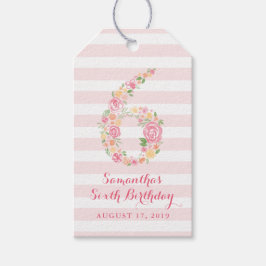 6e Verjaardag Roze Waterverf Floral SIX Cadeaulabel