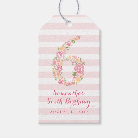 6e Verjaardag Roze Waterverf Floral SIX Cadeaulabel (Voorkant)