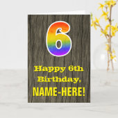 6e verjaardag: rustieke faux hout look, regenboog  kaart (Gele Bloem)