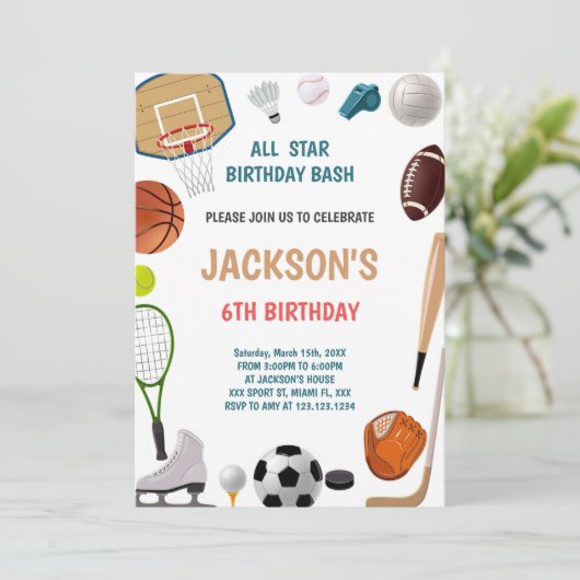6e verjaardag sportuitnodiging kaart (Staand voorkant)