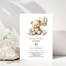 6e Verjaardag Teddybeer Gouden Ballon Uitnodiging