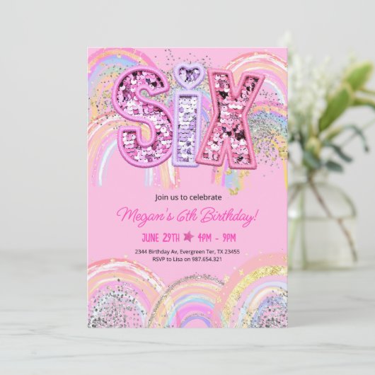 6e Verjaardag Uitnodiging Meisje Bewerkbare Rainbo (Staand voorkant)