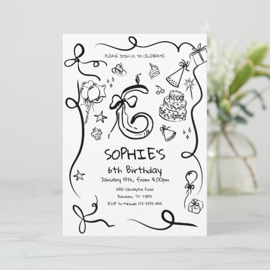 6e verjaardag uitnodiging, met de hand getekend 6e kaart (Staand voorkant)