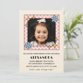 6e verjaardag uitnodiging Retro Groovy Blue Floral (Staand voorkant)