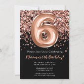 6e verjaardag Uitnodiging zwart Roos Gold Glitter (Voorkant)