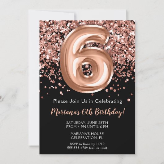 6e verjaardag Uitnodiging zwart Roos Gold Glitter (Voorkant)