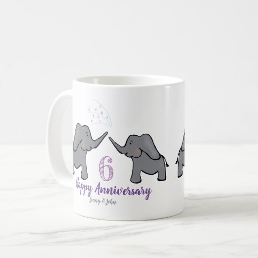 6e verjaardag van de ijzerbruiloft schattige olifa koffiemok (Voorkant links)