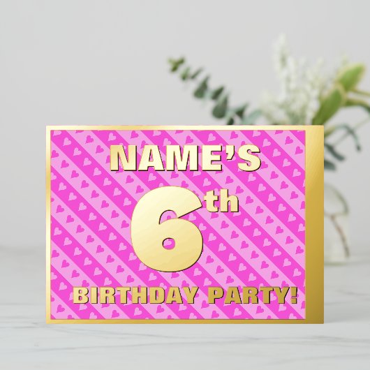 6e verjaardag van de opstand - vuurroze harten en  folie uitnodiging (Staand Voorkant)