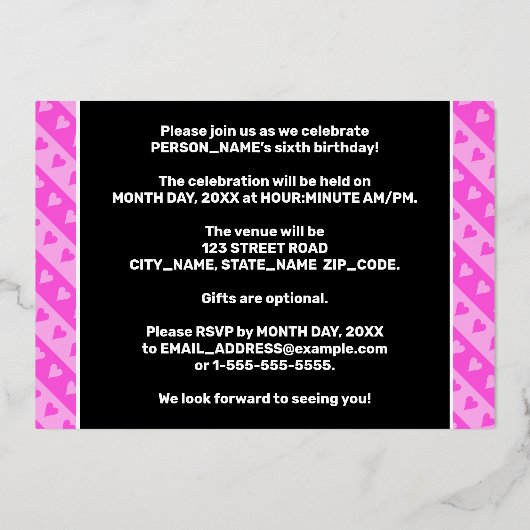 6e verjaardag van de opstand - vuurroze harten en  folie uitnodiging (Achterkant)