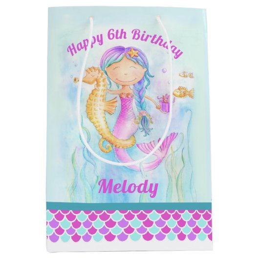 6e verjaardag zeemeermin en zeepaardkunst op maat medium cadeauzakje (Voorkant)