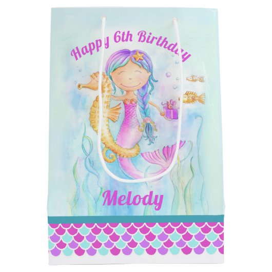 6e verjaardag zeemeermin en zeepaardkunst op maat medium cadeauzakje (Achterkant)