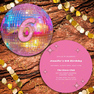 6e Verjaardagsfeest Goud Roze Glitter Disco Bal Kaart
