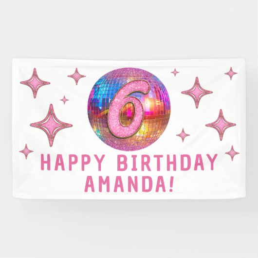 6e Verjaardagsfeest Gouden Roze Glitter Discobal Spandoek (Horizontaal)
