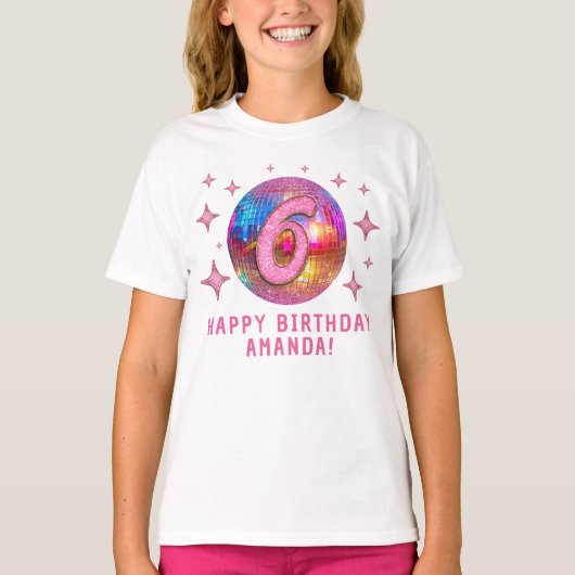6e Verjaardagsfeest Gouden Roze Glitter Discobal T-shirt (Voorkant)