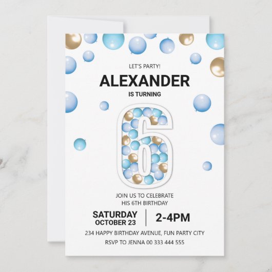 6e verjaardagsfeestje, blauw en goud ballon jongen kaart (Voorkant)
