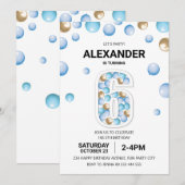 6e verjaardagsfeestje, blauw en goud ballon jongen kaart (Voorkant / Achterkant)