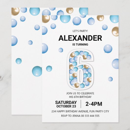 6e verjaardagsfeestje, blauw en goud ballon jongen kaart (Voorkant / Achterkant)