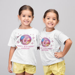 6e Verjaardagsfeestje Goud Roze Glitters Disco Bal T-shirt