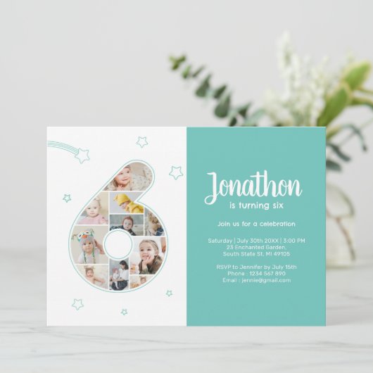 6e verjaardagsfeestje nummer 6 aangepaste fotocoll kaart (Staand voorkant)