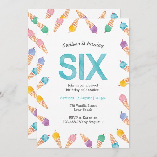 6e verjaardagsfeestje | Rainbow Ice cream uitnodig Kaart (Voorkant / Achterkant)