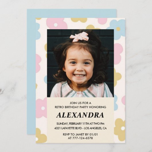 6e verjaardagsuitnodiging Retro Groovy Flowers Sch Kaart (Voorkant / Achterkant)