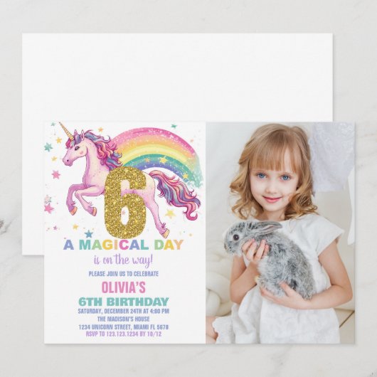 6e verjaardagsuitnodiging voor eenhoorn met afbeel kaart (Voorkant / Achterkant)