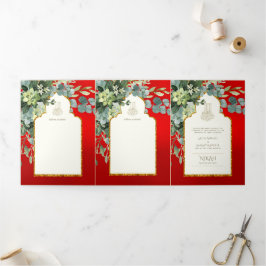 6pg NIKAH WALIMAH Rood Goud Groene Huwelijksfeest  Drieluik Uitnodiging