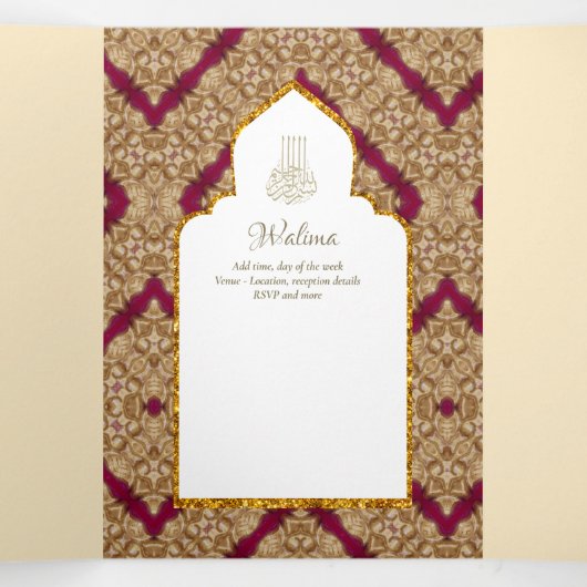 6pg NIKAH WALIMAH Wit Rood Goud Sierlijk Drieluik Uitnodiging (Binnenkant midden)