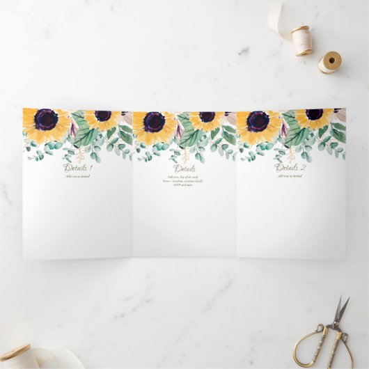 6pg Rustic Sunflower Thed Wedding Programme Drieluik Uitnodiging (Binnen)