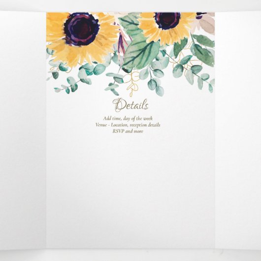 6pg Rustic Sunflower Thed Wedding Programme Drieluik Uitnodiging (Binnenkant midden)