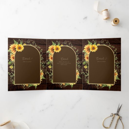 6pg Rustic Wood Sunflower Thed Wedding Programme Drieluik Uitnodiging (Binnen)