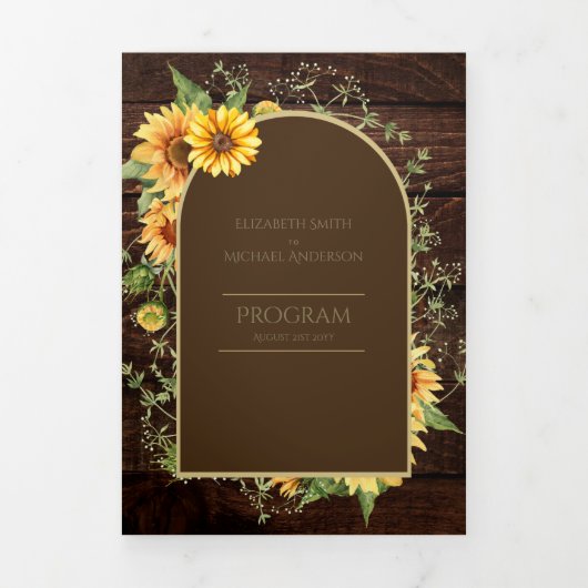 6pg Rustic Wood Sunflower Thed Wedding Programme Drieluik Uitnodiging (Cover)