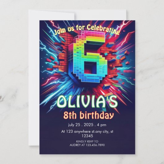 6th Birthday Boy Pixel neon Invitation Kaart (Voorkant)