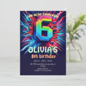 6th Birthday Boy Pixel neon Invitation Kaart (Staand voorkant)