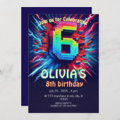 6th Birthday Boy Pixel neon Invitation Kaart (Voorkant / Achterkant)