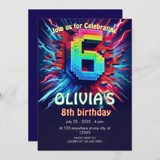 6th Birthday Boy Pixel neon Invitation Kaart (Voorkant / Achterkant)