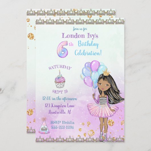 6th Birthday Girl Princess African American Kaart (Voorkant / Achterkant)