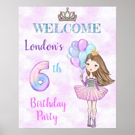 6th Birthday Girl Princess Lavender Turquoise Poster (Voorkant)