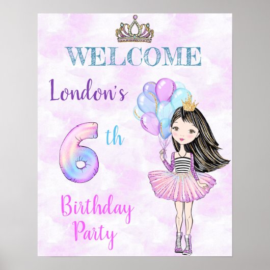 6th Birthday Girl Princess Lavender Turquoise Poster (Voorkant)