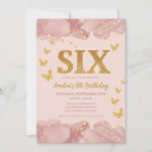 6th Birthday Invitation Pink Gold Glitter Girl Kaart (Voorkant)