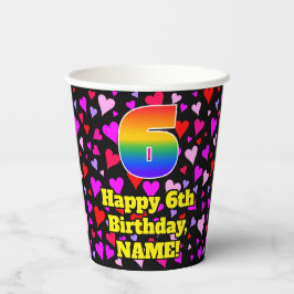 6th Birthday: Loving Hearts Pattern, Rainbow 6 Papieren Bekers