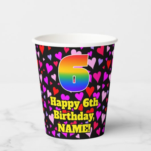 6th Birthday: Loving Hearts Pattern, Rainbow 6 Papieren Bekers (Voorkant)