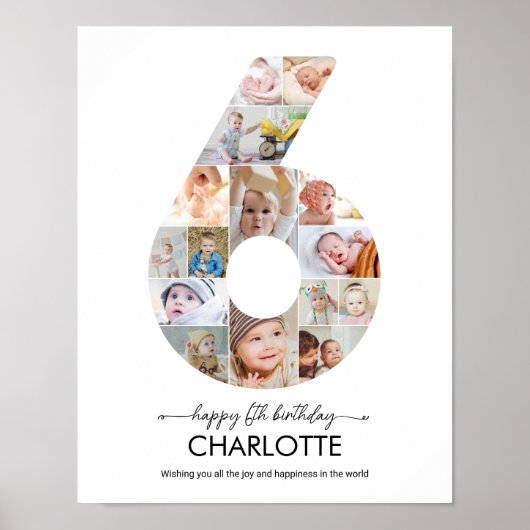 6th Birthday Number 6 Photo Collage Custom Picture Poster (Voorkant)