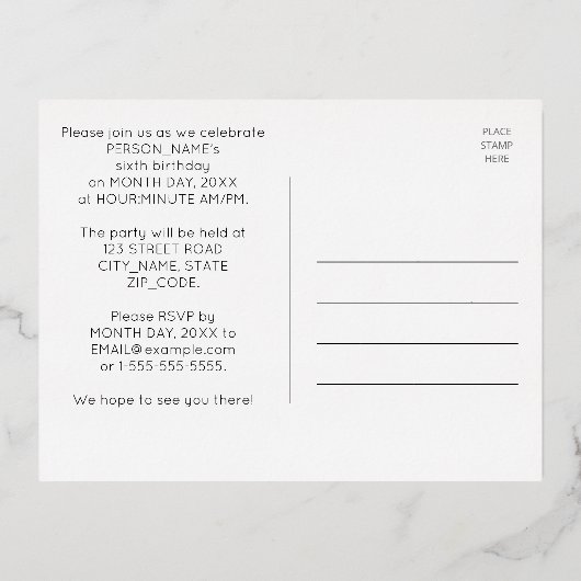 6th Birthday Party ~ Art Deco Style “6” + Name Folie Uitnodiging Briefkaart (Achterkant)