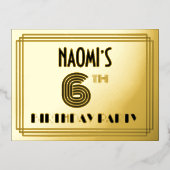 6th Birthday Party ~ Art Deco Style “6” + Name Folie Uitnodiging Briefkaart (Voorkant)