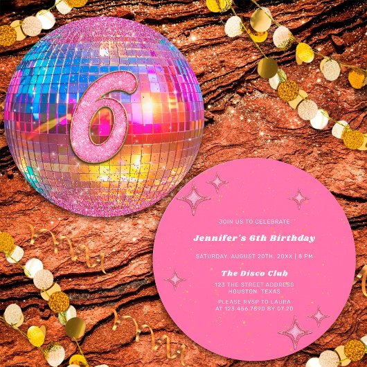 6th Birthday Party Gold Pink Glitter Disco Ball Kaart
