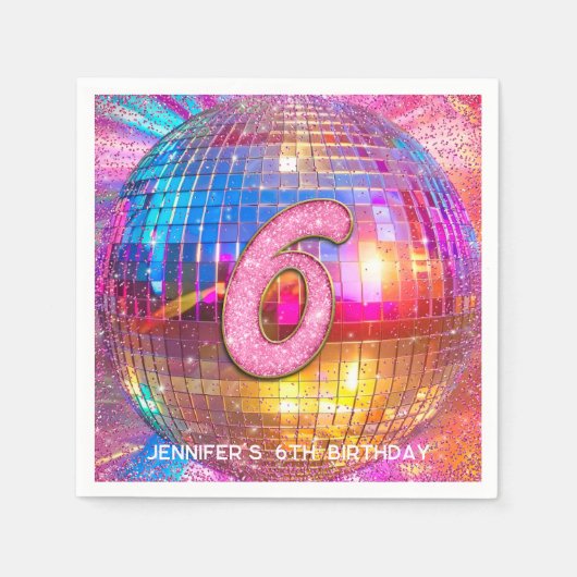 6th Birthday Party Gold Pink Glitter Disco Ball Servet (Voorkant)